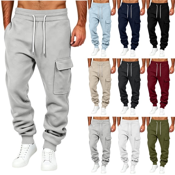 MXALUOB Men's Cargo Joggers Drawstring Elastic Waist Casual Sweatpants with Flap Pocket Solid Color Pull On Full Length Fashion Pants