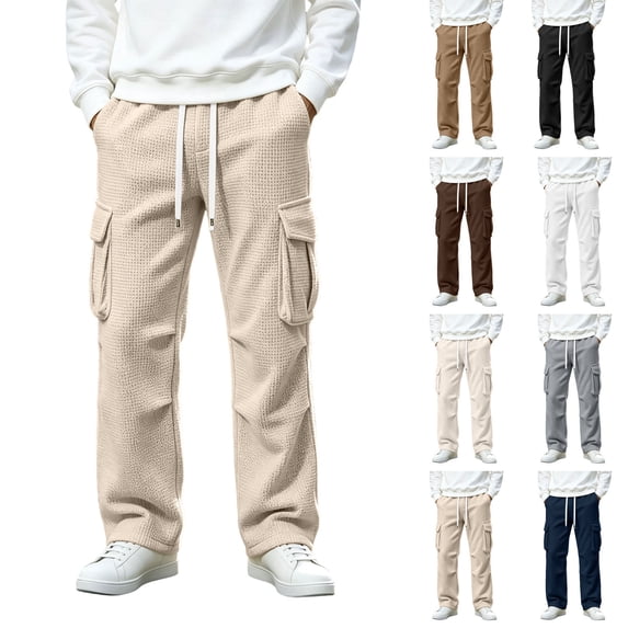 Multiple Cargo MXALUOB Men's Cargo Pants Multi Pocket Loose Fit Wide Leg Waffle ...