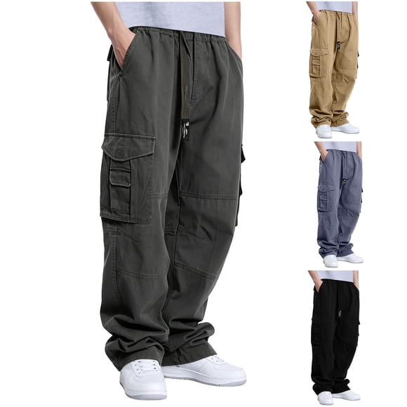 Men's Cargo Work Pants Elastic Waist Wide Leg Baggy Pant with Multi Pockets Drawstring Fall Winter Cotton Trousers for Hiking