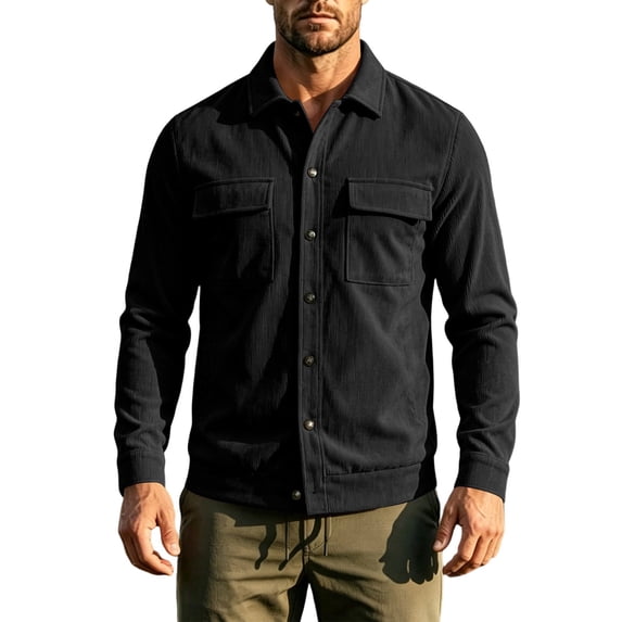 MXALUOB Men's Corduroy Jackets Button Front Work Jacket with Flap Pockets Long Sleeve Textured Overshirt Regular Fit Casual Workwear