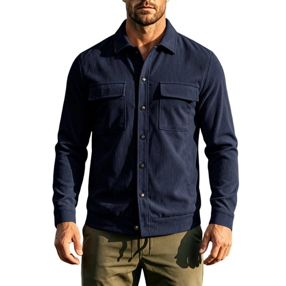 MXALUOB Men's Corduroy Jackets Button Front Work Jacket with Flap Pockets Long Sleeve Textured Overshirt Regular Fit Casual Workwear