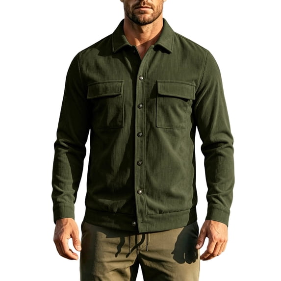 MXALUOB Men's Corduroy Jackets Button Front Work Jacket with Flap Pockets Long Sleeve Textured Overshirt Regular Fit Casual Workwear