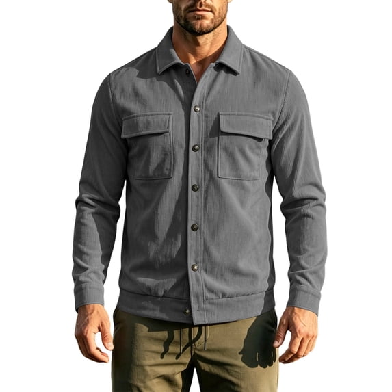 MXALUOB Men's Corduroy Jackets Button Front Work Jacket with Flap Pockets Long Sleeve Textured Overshirt Regular Fit Casual Workwear