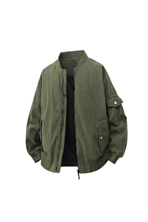 Men's Corduroy Jackets Utility Bomber Jacket with 3 Pockets Full Zip Solid Color Classic Outwear Loose Fit Casual Coat for Fall