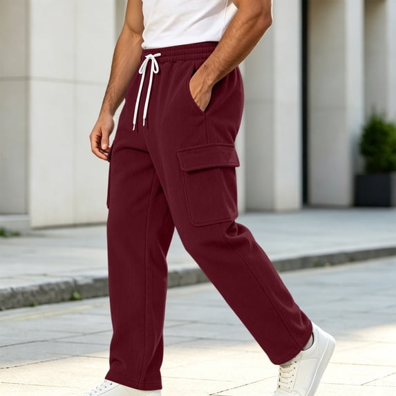 MXALUOB Men's Corduroy Pants Wide Leg Textured Winter Cargo Pants Drawstring Elastic Waist Trousers with Pockets for Daily Wear