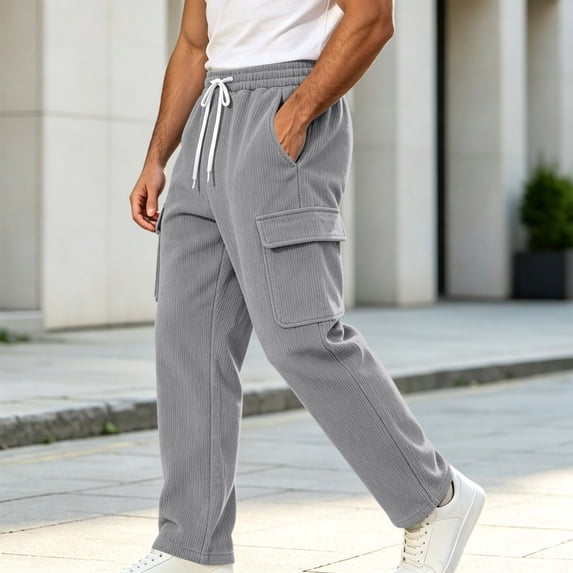 MXALUOB Men's Corduroy Pants Wide Leg Textured Winter Cargo Pants Drawstring Elastic Waist Trousers with Pockets for Daily Wear