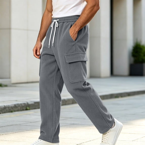MXALUOB Men's Corduroy Pants Wide Leg Textured Winter Cargo Pants Drawstring Elastic Waist Trousers with Pockets for Daily Wear