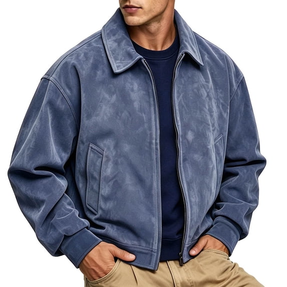 MXALUOB Men's Faux Suede Jacket Full Zip Vintage Bomber Flight Jackets with Pockets Elastic Cuff Short Length Ribbed Hem Tops Fall Fashion Staple
