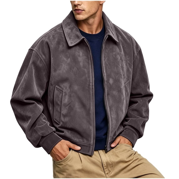 MXALUOB Men's Faux Suede Jacket Full Zip Vintage Bomber Flight Jackets with Pockets Elastic Cuff Short Length Ribbed Hem Tops Fall Fashion Staple