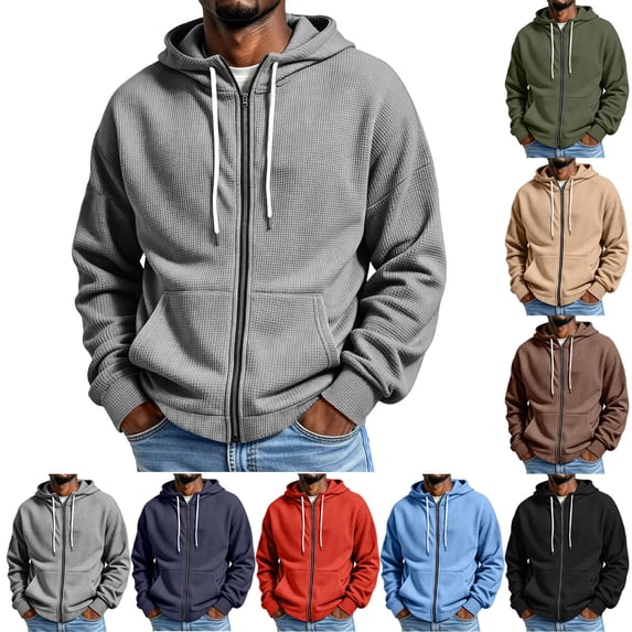 MXALUOB Men's Full Zip Hoodie Waffle Knit Long Sleeve Hooded Sweatshirt with Drawstring Casual Solid Color Jacket Fall Winter Outfits