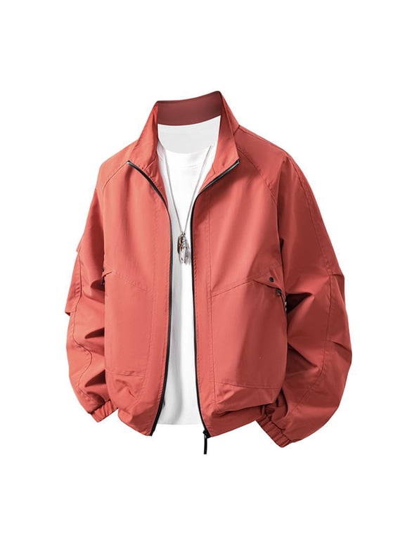 Men's Lightweight Jackets Nylon Stand Collar Windbreaker Full Zip Elastic Cuffs Jacket Solid Color Loose Fit Stylish Outwear