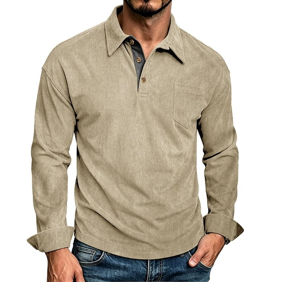 MXALUOB Men's Long Sleeve Golf Shirts Corduroy Turn Down Collar Shirt with Chest Pocket 3 Buttons Solid Color Textured Classic Tops