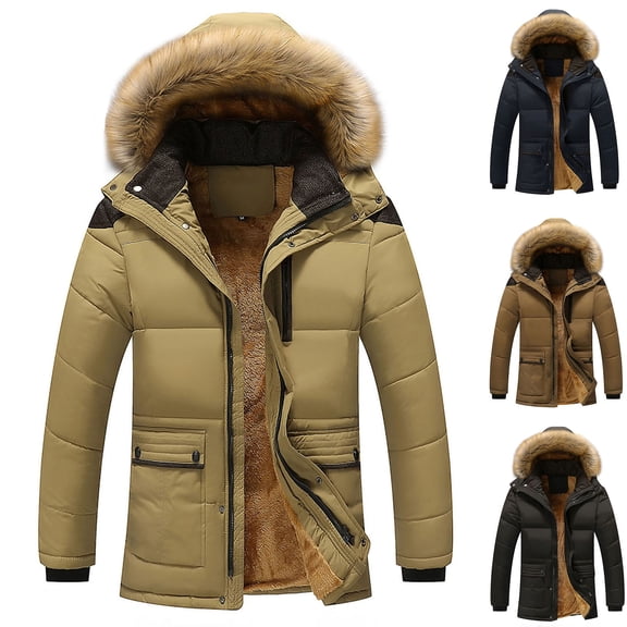 MXALUOB Men's Parka Jackets Sherpa Lined Winter Warm Coat Mid Length Full Zip Insulated Outerwear with Faux Fur Hood for Cold Weather