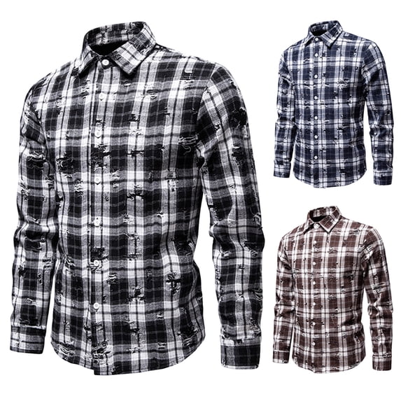 Roiped MXALUOB Men's Plaid Shirts Distressed Ripped Fashion Tops Long Sleeve ...
