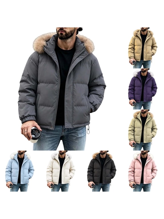 Men's Puffer Jacket Faux Fur Hood Full Zip Warm Jackets with Pockets Long Sleeve Casual Insulated Winter Coat for Cold Weather