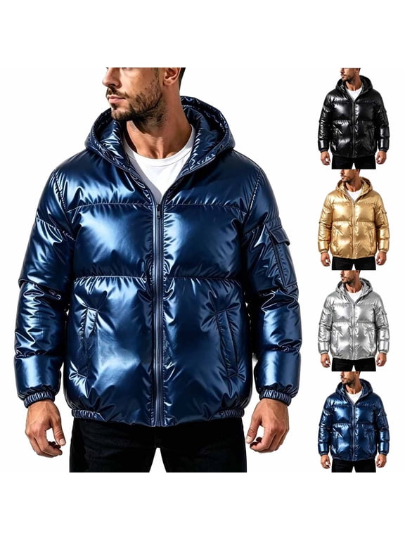 Men's Puffer Jacket Shiny Hooded Winter Coats with Pocket Full Zip Long Sleeve Solid Color Fashion Outerwear for Travel Vacation