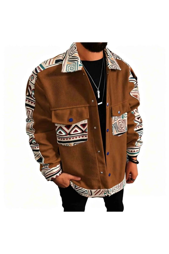Men's Shirt Jacket Aztec Print Western Casual Jackets Faux Suede Button Front Point Collar Fashion Coat with Chest Pockets