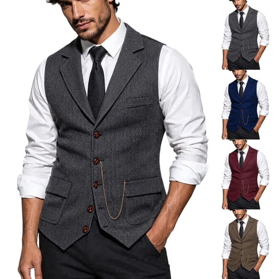 MXALUOB Men's Suit Vests V Neck Button Front Dress Vest Slim Fit Notched Lapel Formal Waistcoat with Pockets for Business Wedding