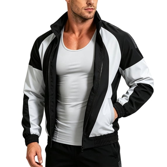 MXALUOB Men's Track Jackets Color Block Stand Collar Athletic Full Zip Windbreaker Raglan Sleeve Elastic Cuff Sports Outerwear for Running