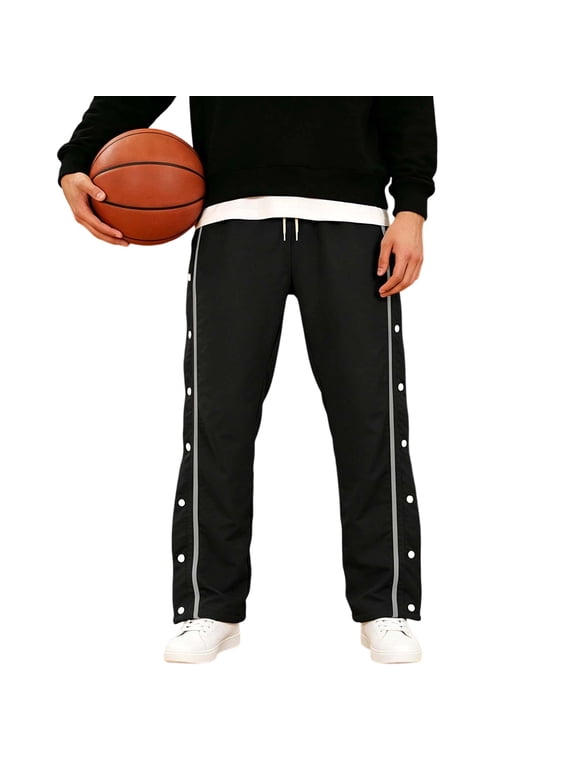 Men's Track Pants Side Snap Tearaway Straight Leg Pant Full Length Side Stripe Athletic Basketball Warm Up Sweatpants with Pockets