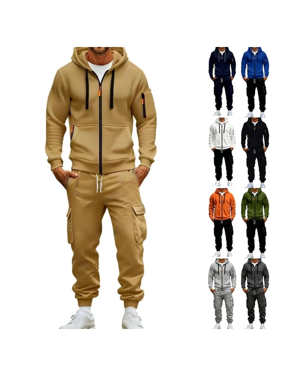 Men's Tracksuits Cargo Jogger Set Full Zip Hoodie & Elastic Waist Pants 2 Piece Outfits Casual Athletic Clothing for Hiking