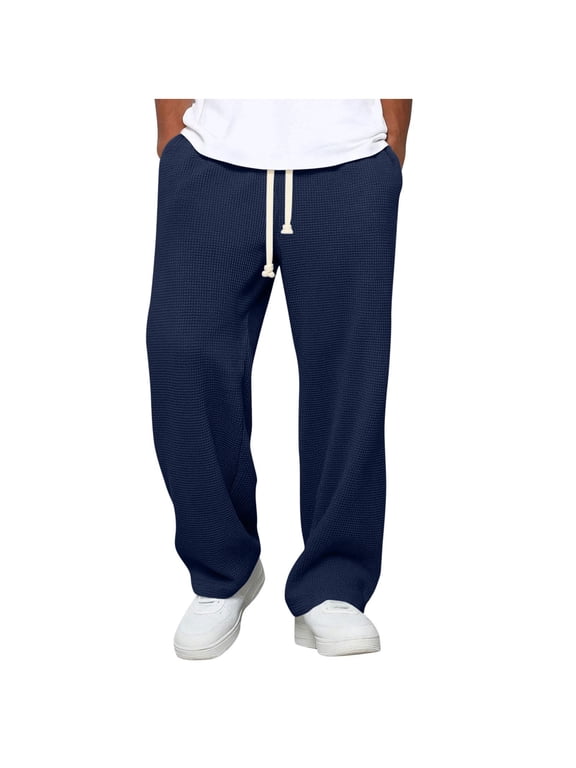 Men's Wide Leg Sweatpants Waffle Knit Wide Leg Baggy Trousers Straight Leg Elastic Waist Drawstring Lounge Pants with Pockets