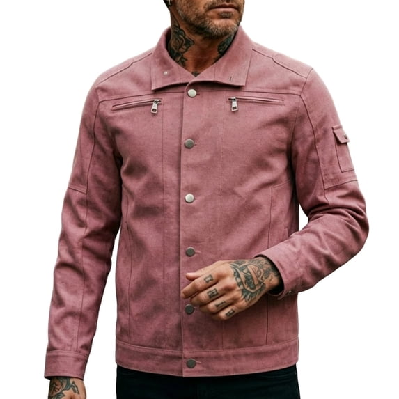MXALUOB Men's Work Jacket Solid Color Button Front Trucker Jackets with Zipper Pockets Long Sleeve Trendy Casual Coat Winter Tops