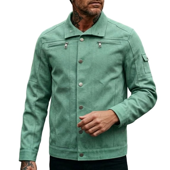 MXALUOB Men's Work Jacket Solid Color Button Front Trucker Jackets with Zipper Pockets Long Sleeve Trendy Casual Coat Winter Tops