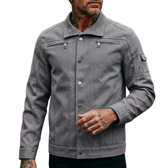 MXALUOB Men's Work Jacket Solid Color Button Front Trucker Jackets with Zipper Pockets Long Sleeve Trendy Casual Coat Winter Tops