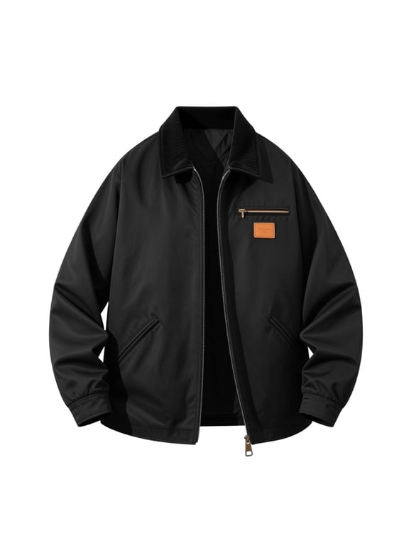 Men's Work Jackets Casual Zipper Pocket Contrast Collar Jacket Full Zip Utility Outerwear with Turn Down Collar Daily Fall Coat