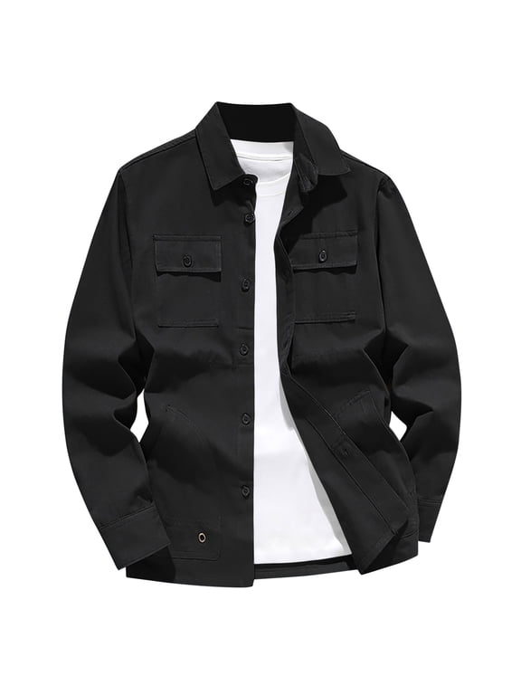 Men's Work Jackets Multi Pocket Button Front Utility Shacket with Point Collar Cotton Workwear Lightweight Solid Color Casual Jacket