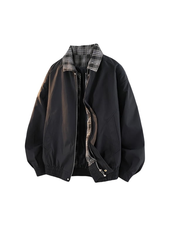 Men's Zip Up Jackets Tartan Lined Fake Two Piece Stylish Jacket with Turn Down Collar Elastic Hem Fall Casual Outerwear for Travel