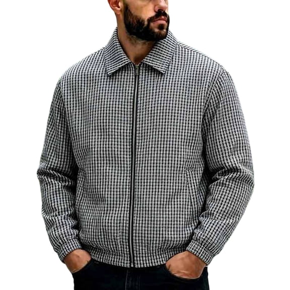 MXALUOB Plaid Shirt Jackets for Men Checkered Zip Up Point Collar Jacket Elastic Cuff Gingham Loose Fit Stylish Jackets with Pockets