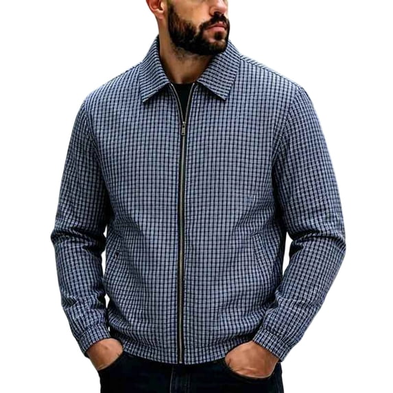 MXALUOB Plaid Shirt Jackets for Men Checkered Zip Up Point Collar Jacket Elastic Cuff Gingham Loose Fit Stylish Jackets with Pockets
