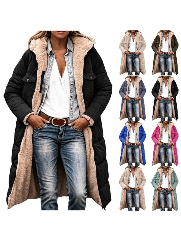 Puffer Jackets for Women Sherpa Lined Long Winter Coat with Hood Quilted Full Zip Warm Jacket Fashion Outdoor Daily Wear