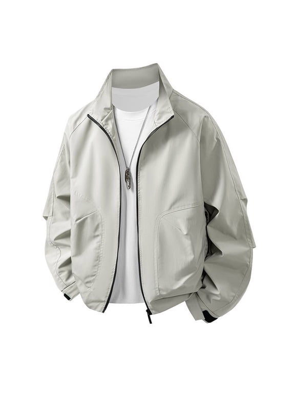 Windbreaker for Men Lightweight Nylon Stand Collar Jacket with Pockets Full Zip Elastic Cuffs Tops Fall Fashion Outerwear