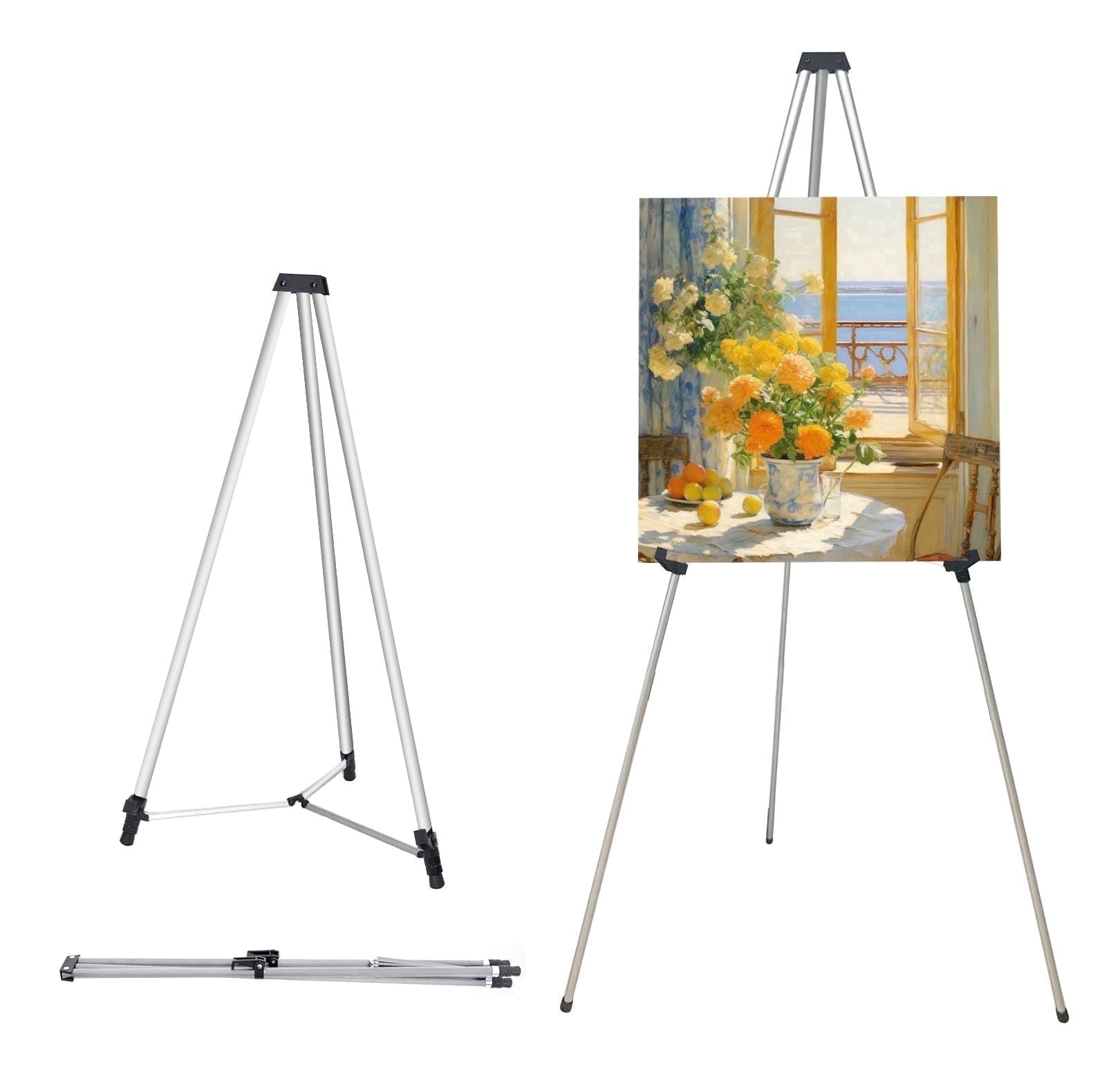 MXG Adjustable Aluminum Easel Stand for Signs , 33-64 Inch Portable Display Tripod for Artist Canvas, Wedding & Cafe Menu Boards, Silver