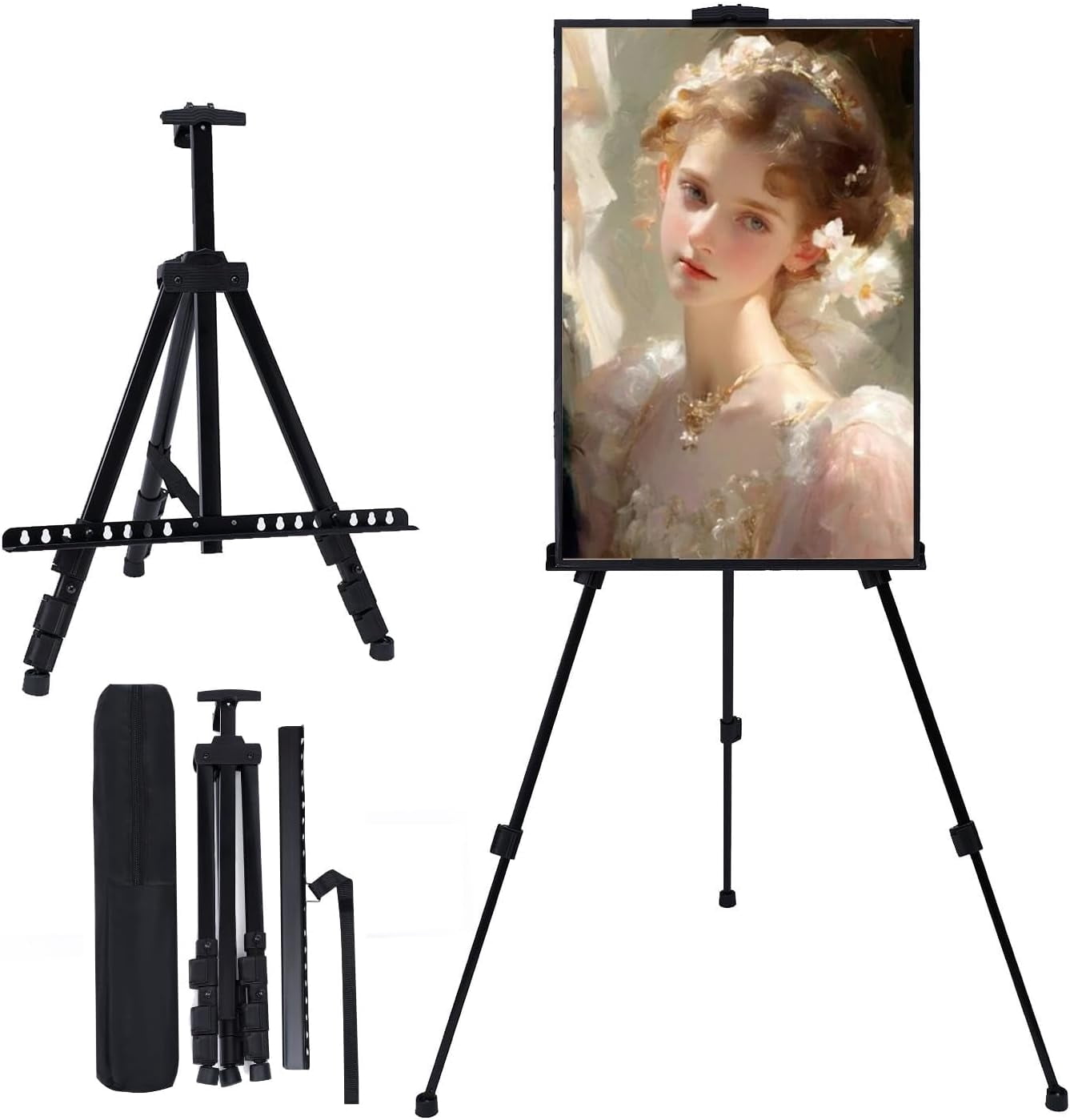 MXG Portable Aluminum Black Easel Stand for Painting, Signs, Display, 17-61 Inch Adjustable Height Tabletop & Floor Tripod Easel,with Tray Carry Bag, Poster,Artists, Students, Events