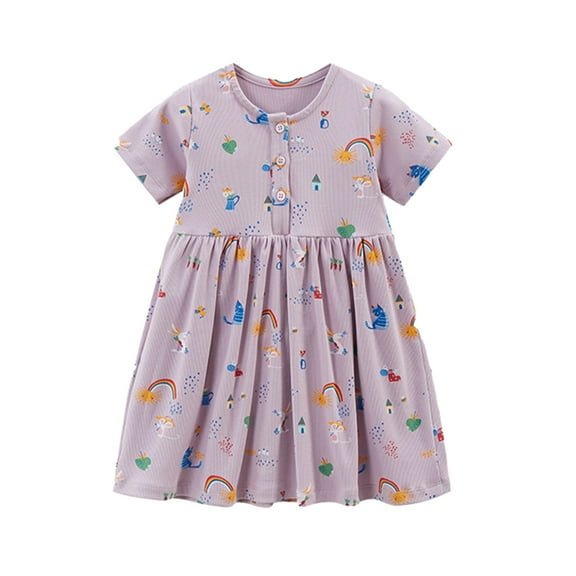 MXIEZI 1-8 Years Baby Girls Cartoon Dress Toddler Summer Crewneck Sundress Kids Short Sleeve Cotton Dresses
