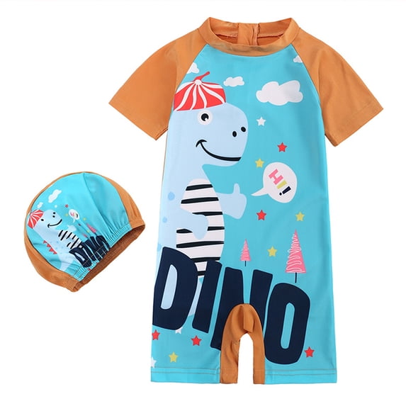 MXIEZI 12M-8T Boys Girls One Piece Bathing Suit Summer Unisex Baby Zipper Swimwear Toddler Kids Short Sleeve Swimsuits with Swim Cap UV 50+ Bathing Suits