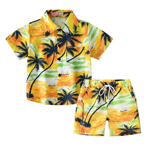 MXIEZI 2-12 Years Boys Summer Beach Casual Set Clothes for Baby Kids Boys Hawaiian Button Printed Shirt Shorts 2 Piece Outfits