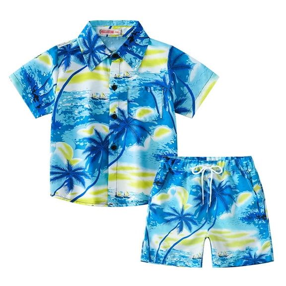 MXIEZI 2-12 Years Boys Summer Beach Casual Set Clothes for Baby Kids Boys Hawaiian Button Printed Shirt   Shorts 2 Piece Outfits