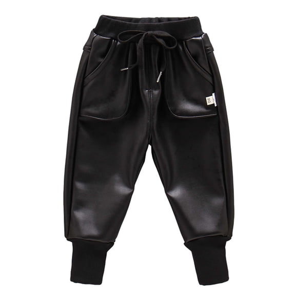 MXIEZI 2-14Y Kids Boys Winter Warm Pants Baby Toddle Thick Fleece Lined Faux Leather Trousers