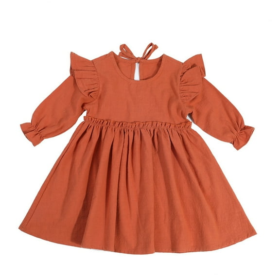 MXIEZI 2-6 Years Toddler Kids Dress for Baby Girls Solid Ruffle Long Sleeve Casual Dress Spring Fall One-Piece Dresses