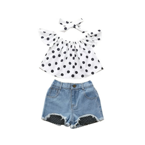 MXIEZI 2-6T Baby Girls Shorts Tops 3PCS Outfit Kids Summer Ruffle Shirt Tops  Denim Shorts  Hair Band Set