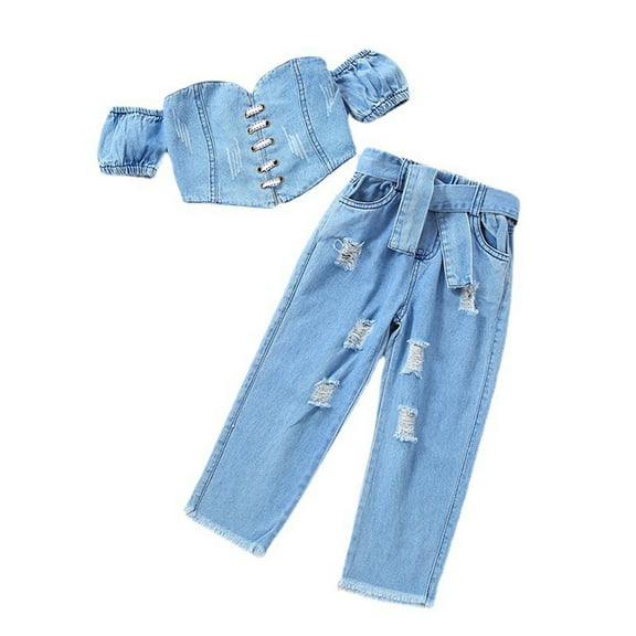 MXIEZI 6 Months-6years Baby Girls Summer Clothes 3PCS Outfits Toddler Girls Short Sleeve Off-Shoulder Denim Tops high Waist Ripped Jeans Pants   Belt