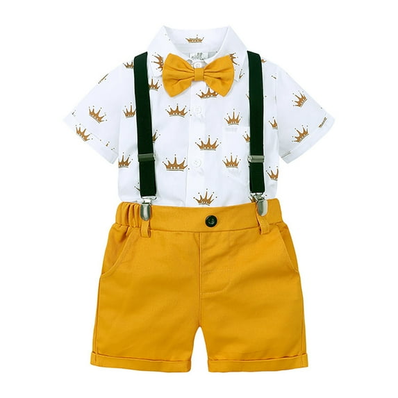 MXIEZI 6M-7Y Toddler Gentleman Outfit Baby Boys Short Sleeve Shirt+Suspender Shorts + Bow Tie 3PCS Set Summer Tie Little Boys Formal Sets