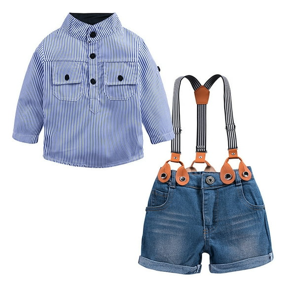 MXIEZI 9M-5Y Boys Clothes for Gentleman Outfit for Toddler Baby Suspender Denim Shorts Pants and Blue Long Sleeve Stripe Shirt Spring Summer 2PCS Set