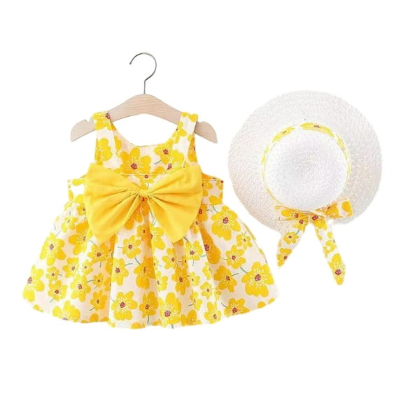 MXIEZI Baby Girls Princess Dresses 6 Months-3 Years Toddle Casual Floral Backless Sundress with Straw Hat Infant Summer Bowknot Sleeveless Tutu Dress