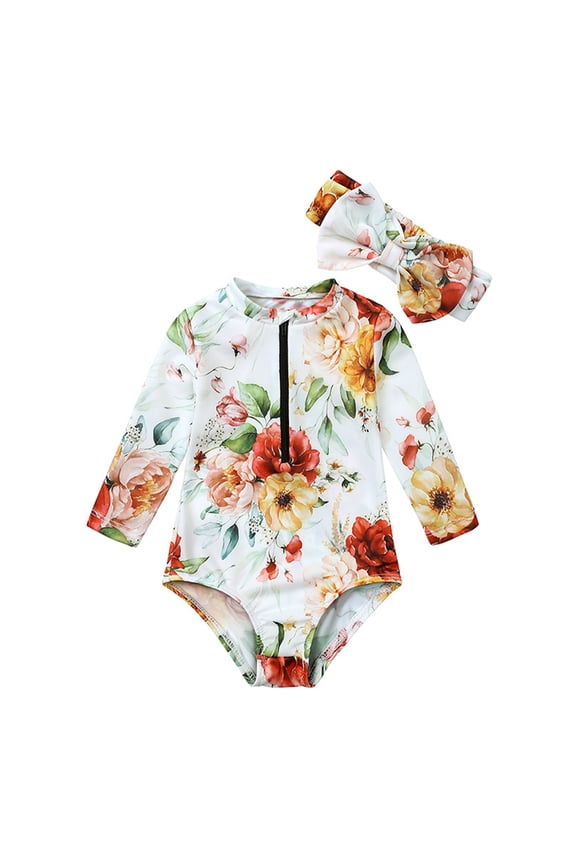 Baby Long Sleeve Sun Protection One-Piece Bathing Suit Infant Toddler Girls Jumpsuit Swimsuit + Headband 2PCS Set Sizes 6 -18 Months